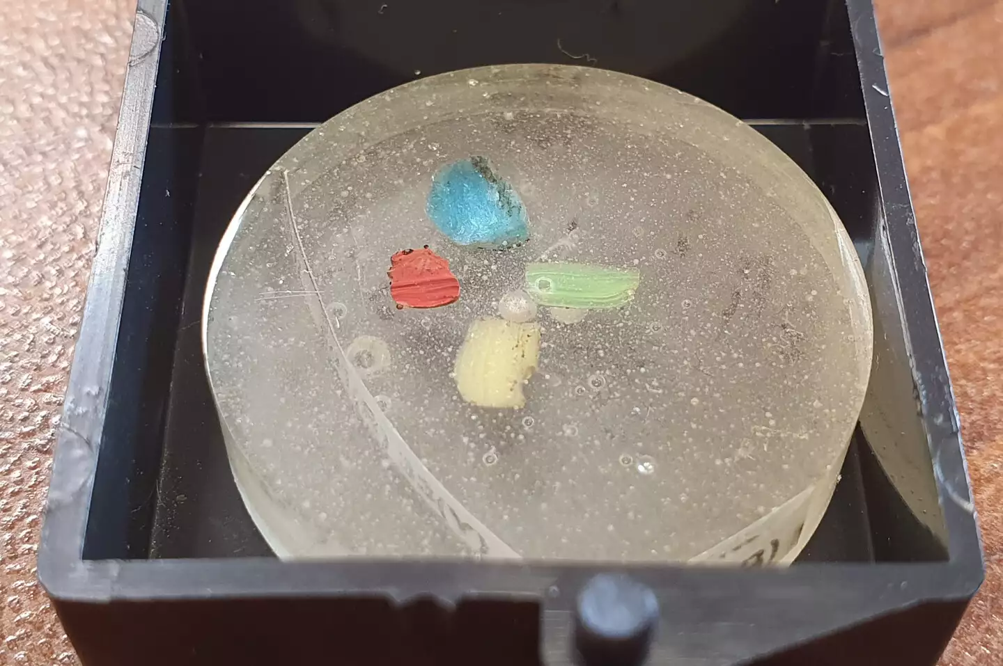 鑲埋在環氧樹脂中的玻璃珠樣本，可透過掃描式電子顯微鏡分析。圖片來源：研之有物。